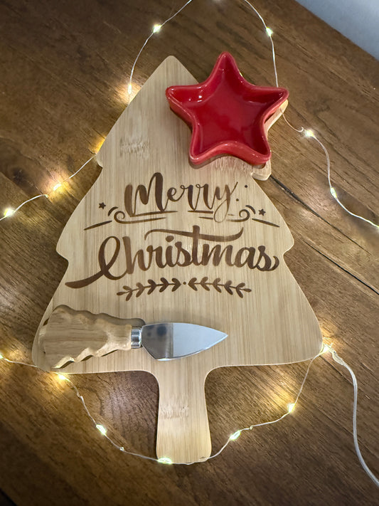 Christmas Cutting Board With Cheese Knife & Dish