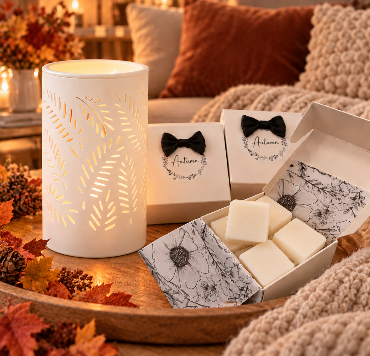 Medium Gift Set With White Leaves  Burner And Fragrances
