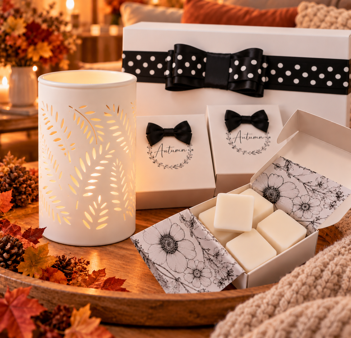 Medium Gift Set With White Leaves  Burner And Fragrances